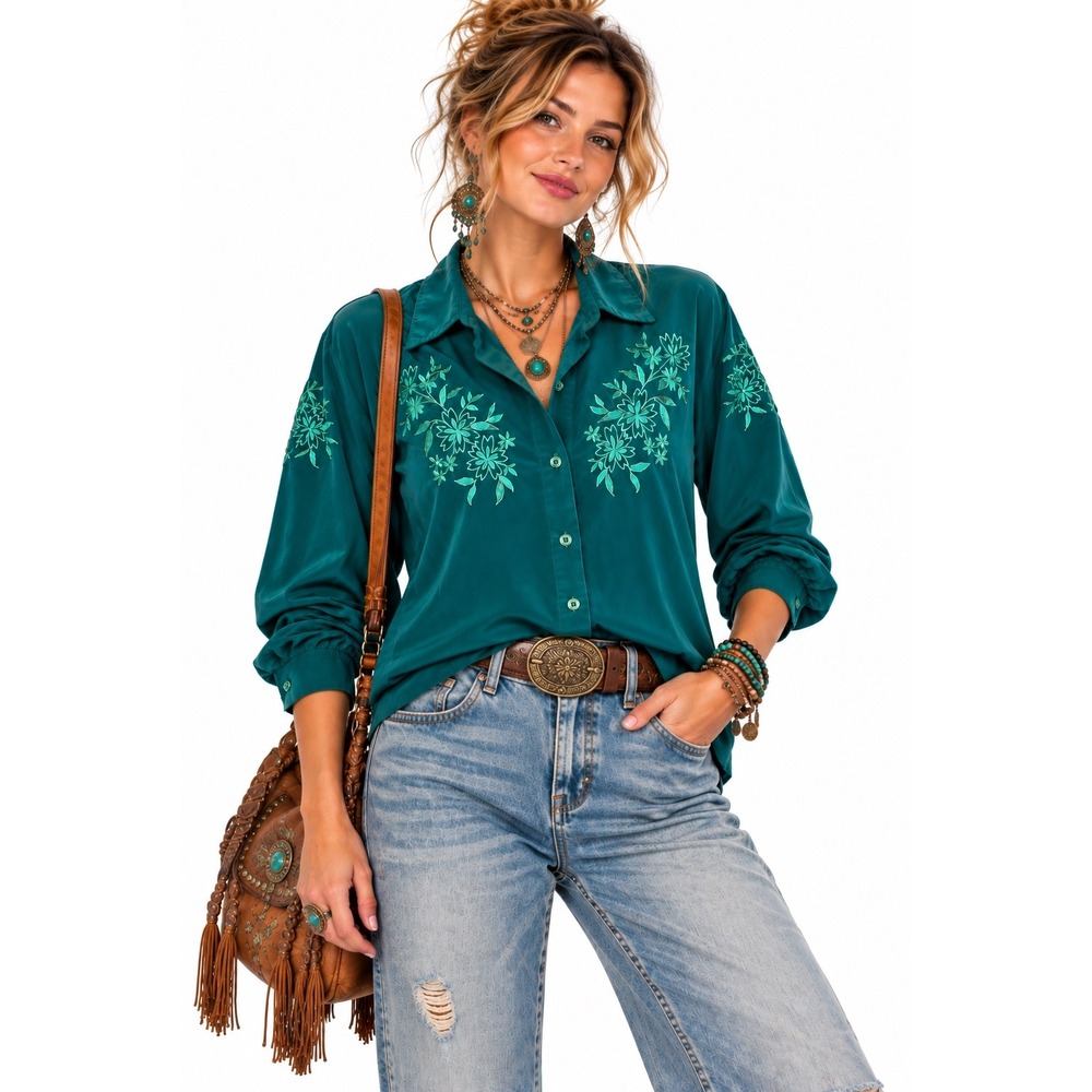 BonWorth Vintage Teal Green Floral Embroidered Button Down Top Westerncore L
